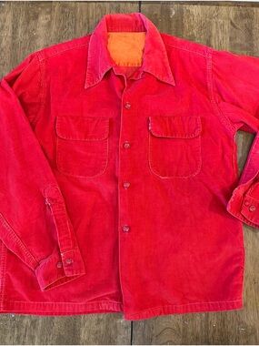 50s McGregor Red Corduroy Button-Up Shirt Jacket - Loop Collar Pointed